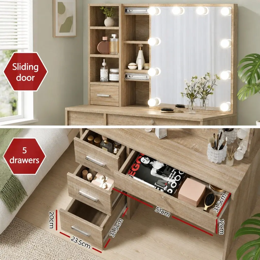 Dressing Table Set Wood 80cm Hollywood Mirror with 10 LED Bulbs and Stool