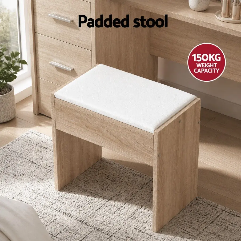 Dressing Table Set Wood 80cm Hollywood Mirror with 10 LED Bulbs and Stool