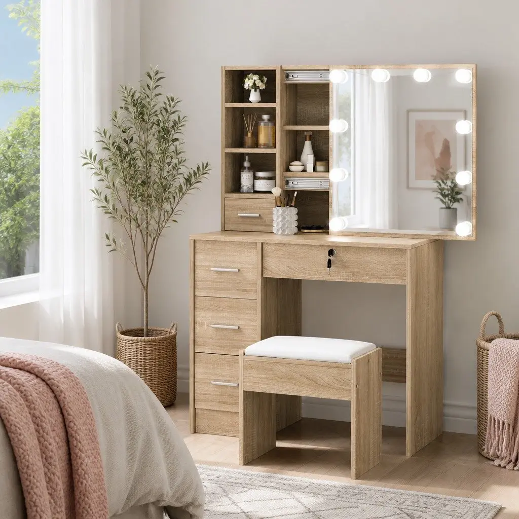 Dressing Table Set Wood 80cm Hollywood Mirror with 10 LED Bulbs and Stool