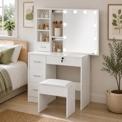 Compact White Vanity with Hollywood Mirror Lighting