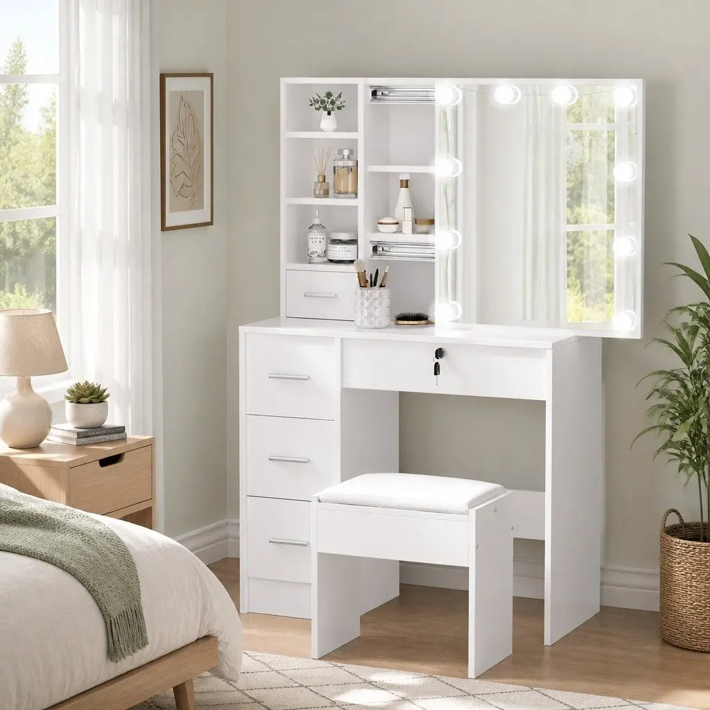 White Vanity with Hollywood Mirror Lighting
