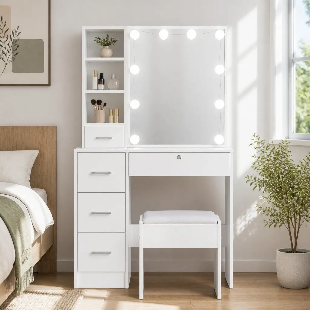 White Vanity with Hollywood Mirror Lighting
