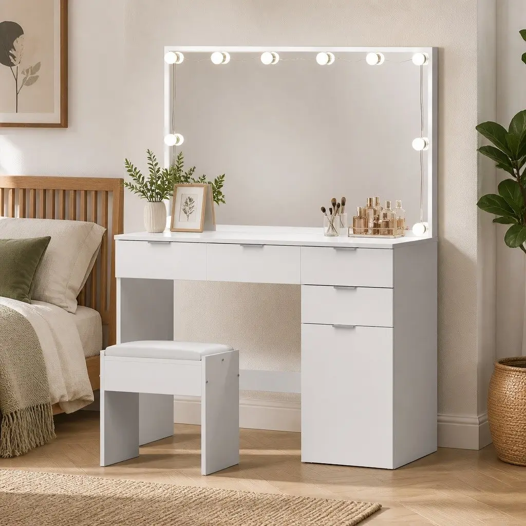 LED Dressing Table White with Stool Large Mirror 10 LED Light Bulbs 3 Colour Temperature Settings