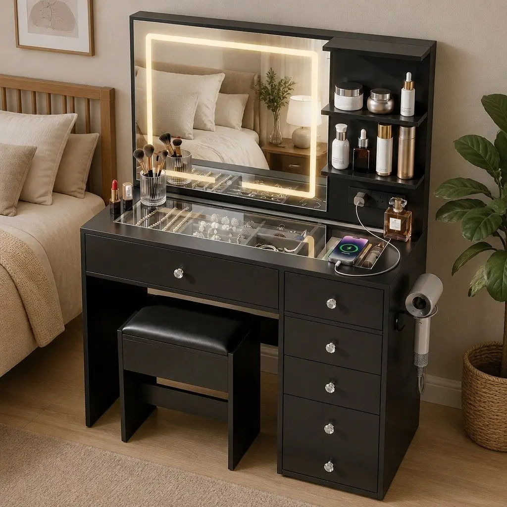 Dressing Vanity Desk Black with LED Mirror and Foam Padded Stool Adjustable Lighting and Storage