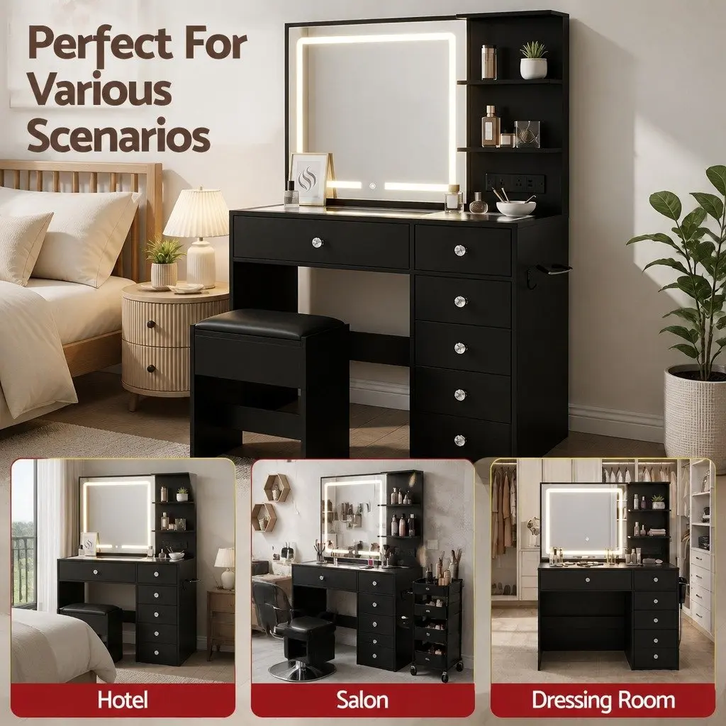 Makeup Vanity Desk with LED Mirror & Stool