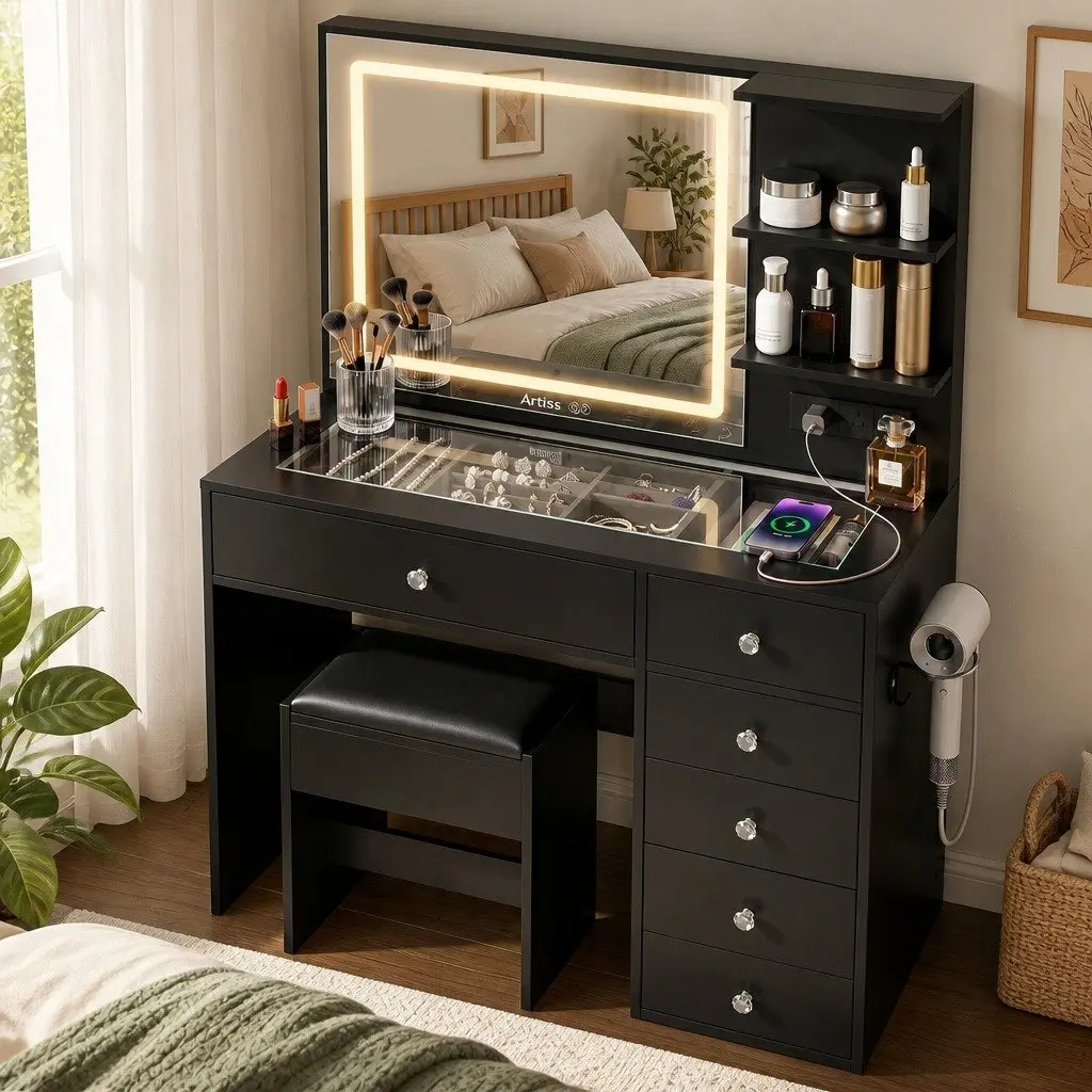 Makeup Vanity Desk with LED Mirror & Stool