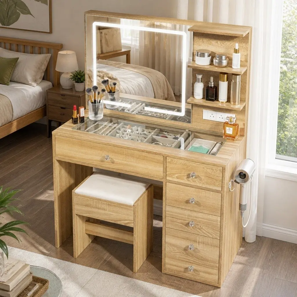 LED Vanity Desk with Stool and Mirror