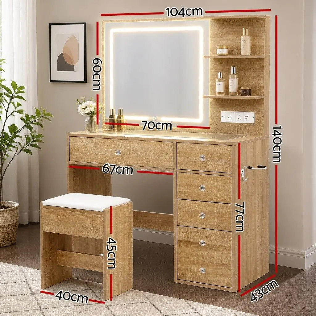 Dressing Table Wood LED Vanity Desk Set with Stool Mirror 5 Drawers Bedroom Furniture