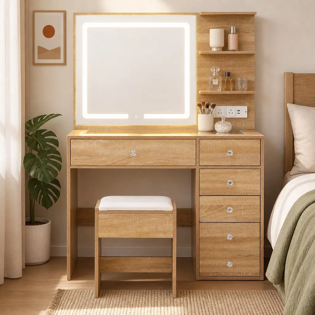 Dressing Table Wood LED Vanity Desk Set with Stool Mirror 5 Drawers Bedroom Furniture