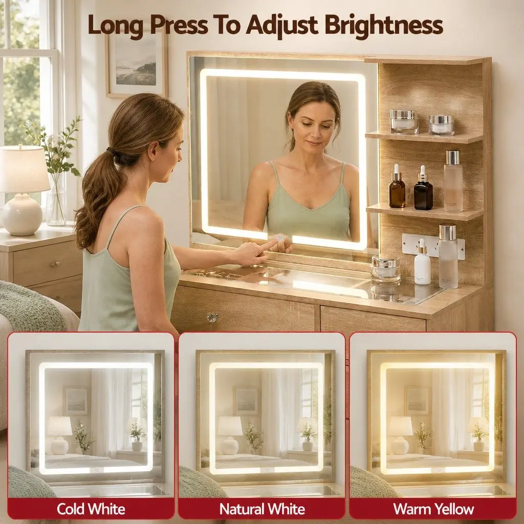 Dressing Table Wood LED Vanity Desk Set with Stool Mirror 5 Drawers Bedroom Furniture