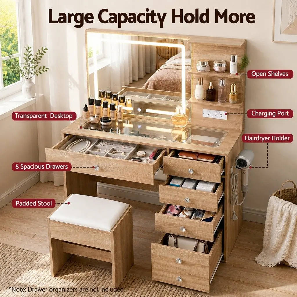 Dressing Table Wood LED Vanity Desk Set with Stool Mirror 5 Drawers Bedroom Furniture