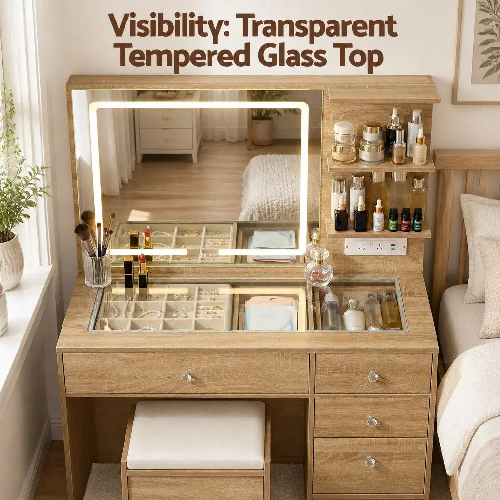 Dressing Table Wood LED Vanity Desk Set with Stool Mirror 5 Drawers Bedroom Furniture