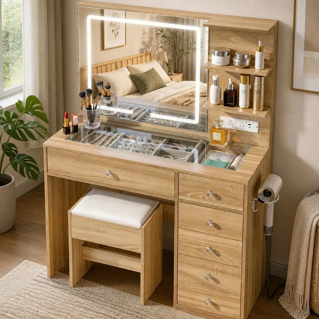 Dressing Table Wood LED Vanity Desk Set with Stool Mirror 5 Drawers Bedroom Furniture