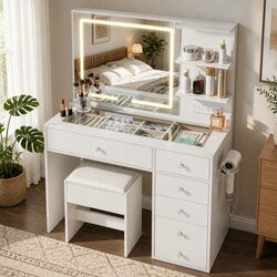 Compact White LED Vanity Table with Makeup Stool