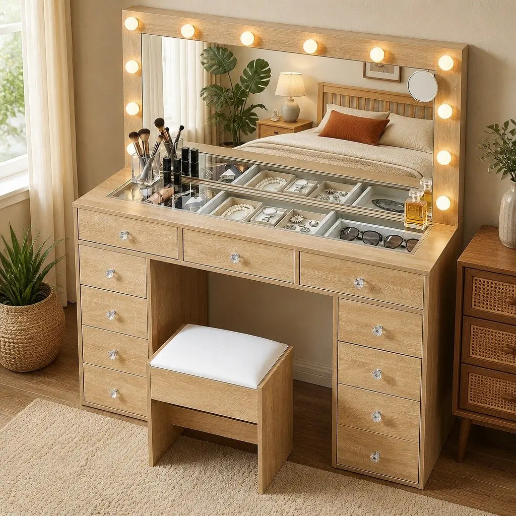 Dressing Vanity Desk with LED Mirror and Storage