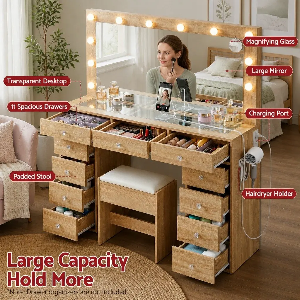 Dressing Vanity Desk with LED Mirror and Storage