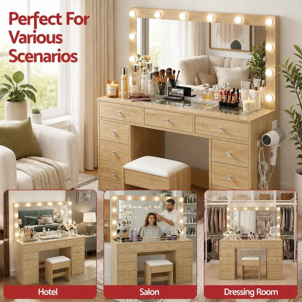 Dressing Vanity Desk with LED Mirror and Storage