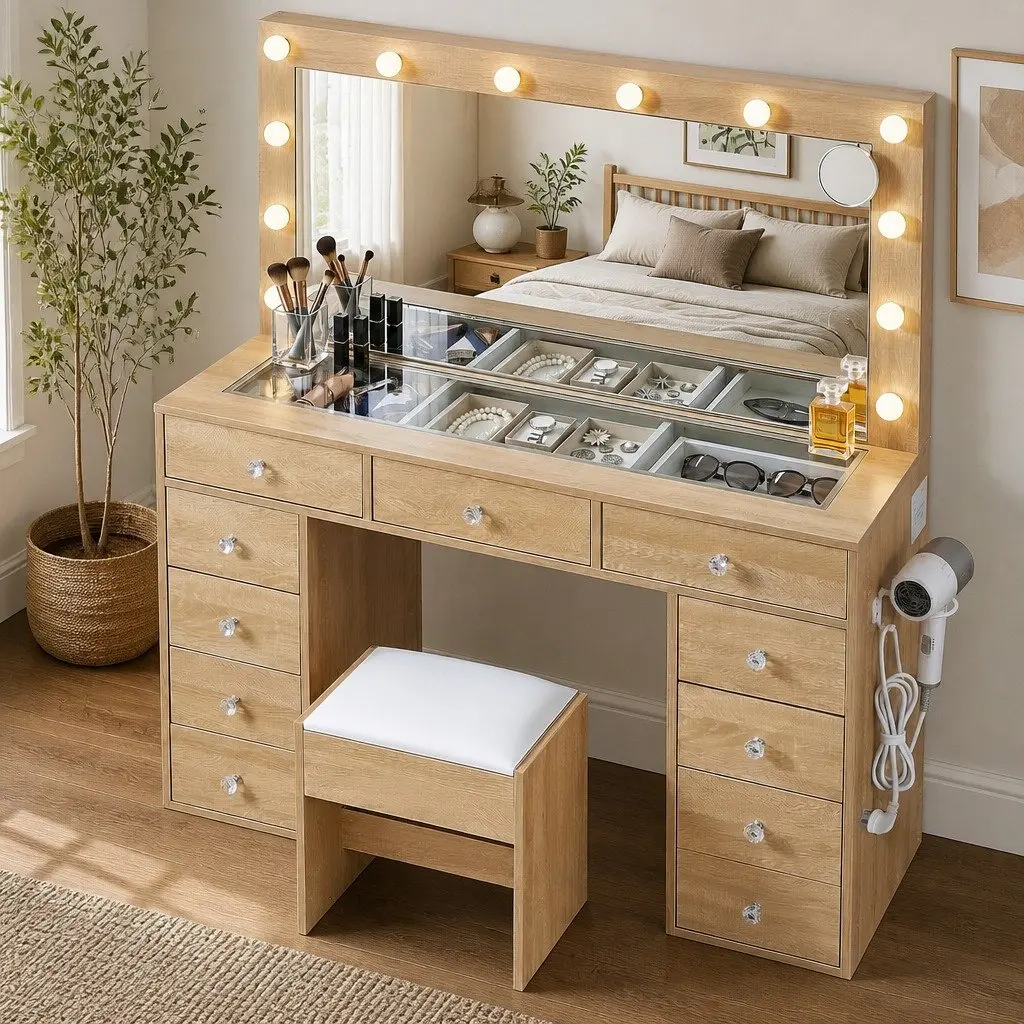 Dressing Vanity Desk with LED Mirror and Storage