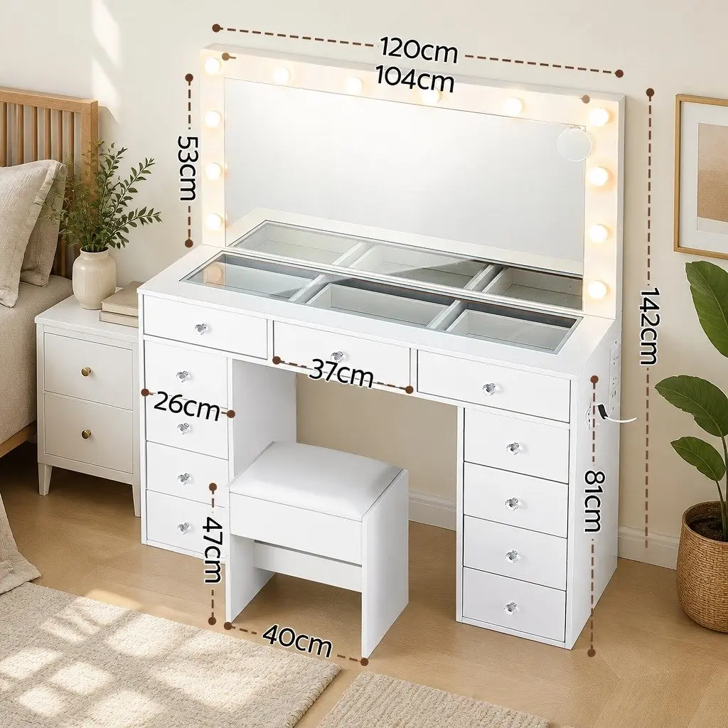 Dressing Table Vanity Desk White with LED Mirror and Stool Modern Makeup Station