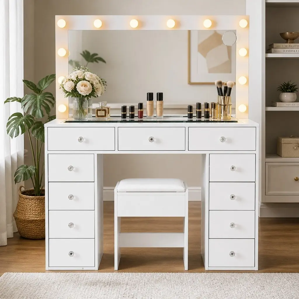 Dressing Table Vanity Desk White with LED Mirror and Stool Modern Makeup Station