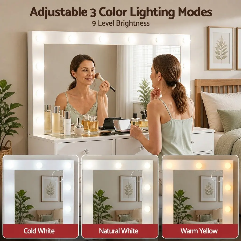 Dressing Table Vanity Desk White with LED Mirror and Stool Modern Makeup Station