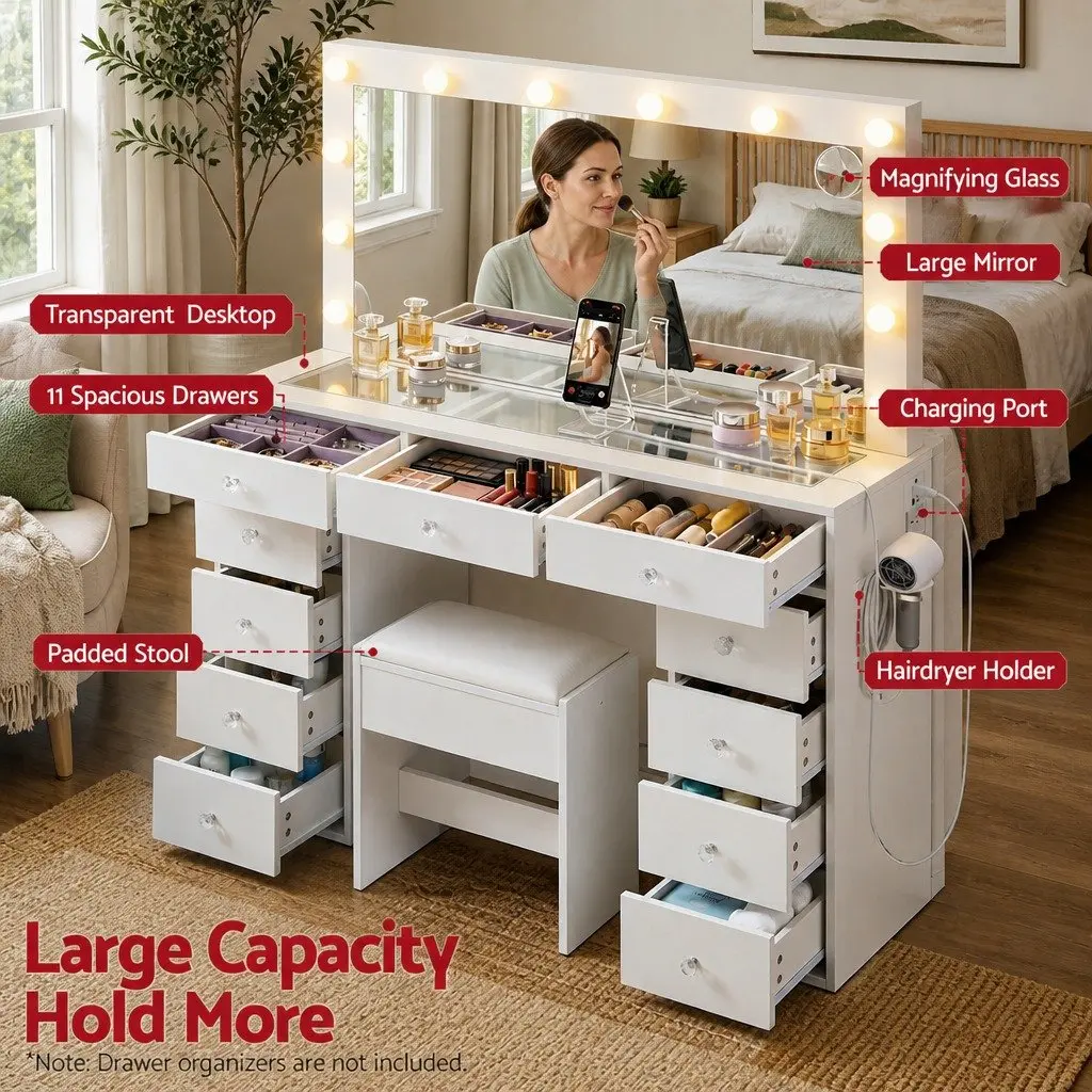 Dressing Table Vanity Desk White with LED Mirror and Stool Modern Makeup Station
