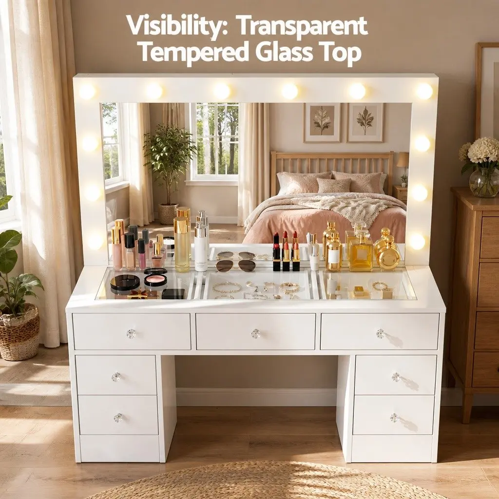 Dressing Table Vanity Desk White with LED Mirror and Stool Modern Makeup Station