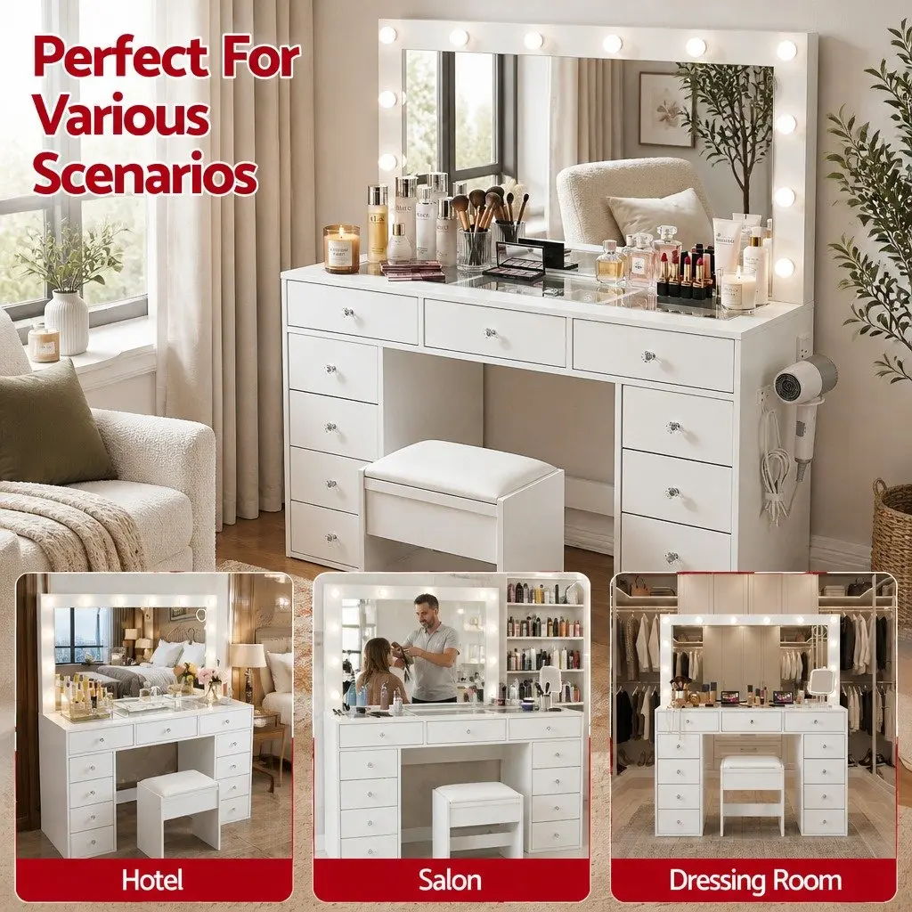 Dressing Table Vanity Desk White with LED Mirror and Stool Modern Makeup Station