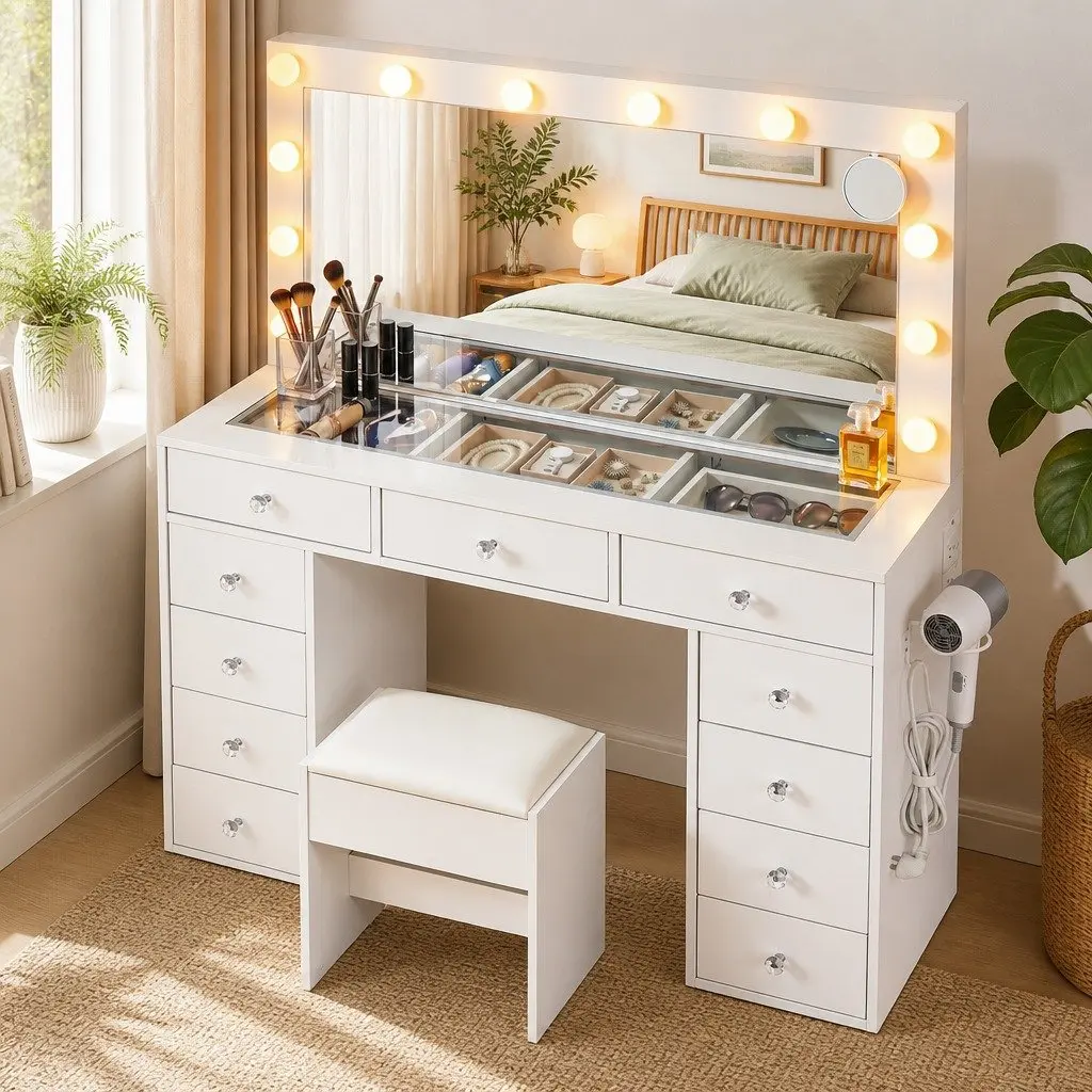 Dressing Table Vanity Desk White with LED Mirror and Stool Modern Makeup Station