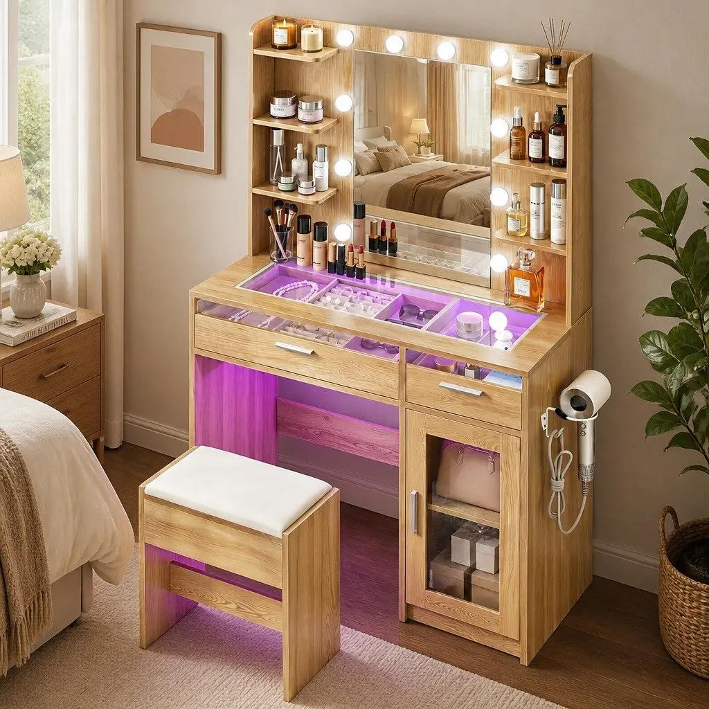 Dressing Table Vanity Desk Wood with Hollywood LED Mirror Adjustable Colour Settings and Makeup Storage Drawers