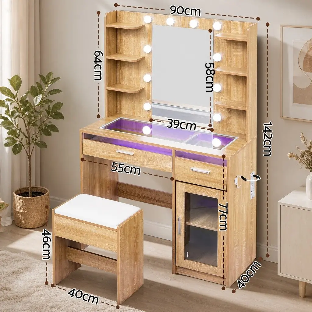 Dressing Table Vanity Desk Wood with Hollywood LED Mirror Adjustable Colour Settings and Makeup Storage Drawers