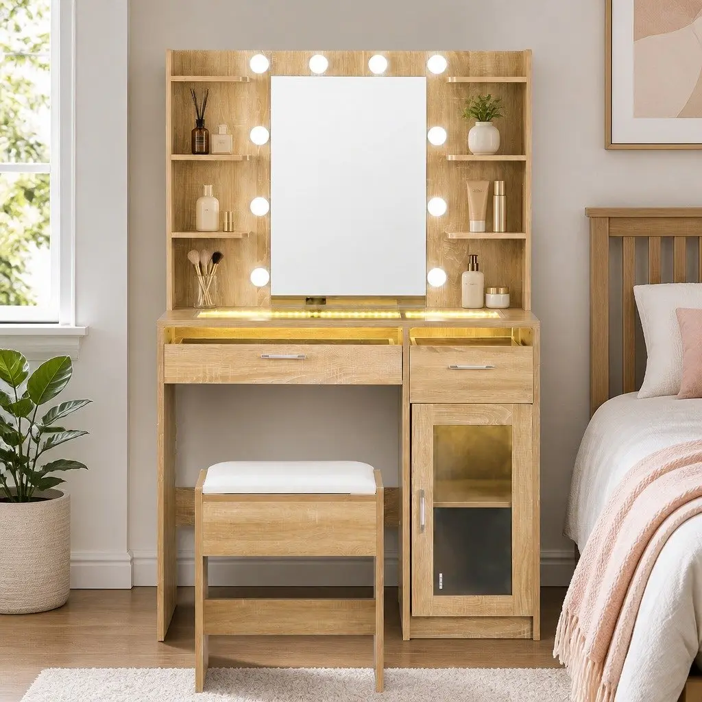 Dressing Table Vanity Desk Wood with Hollywood LED Mirror Adjustable Colour Settings and Makeup Storage Drawers