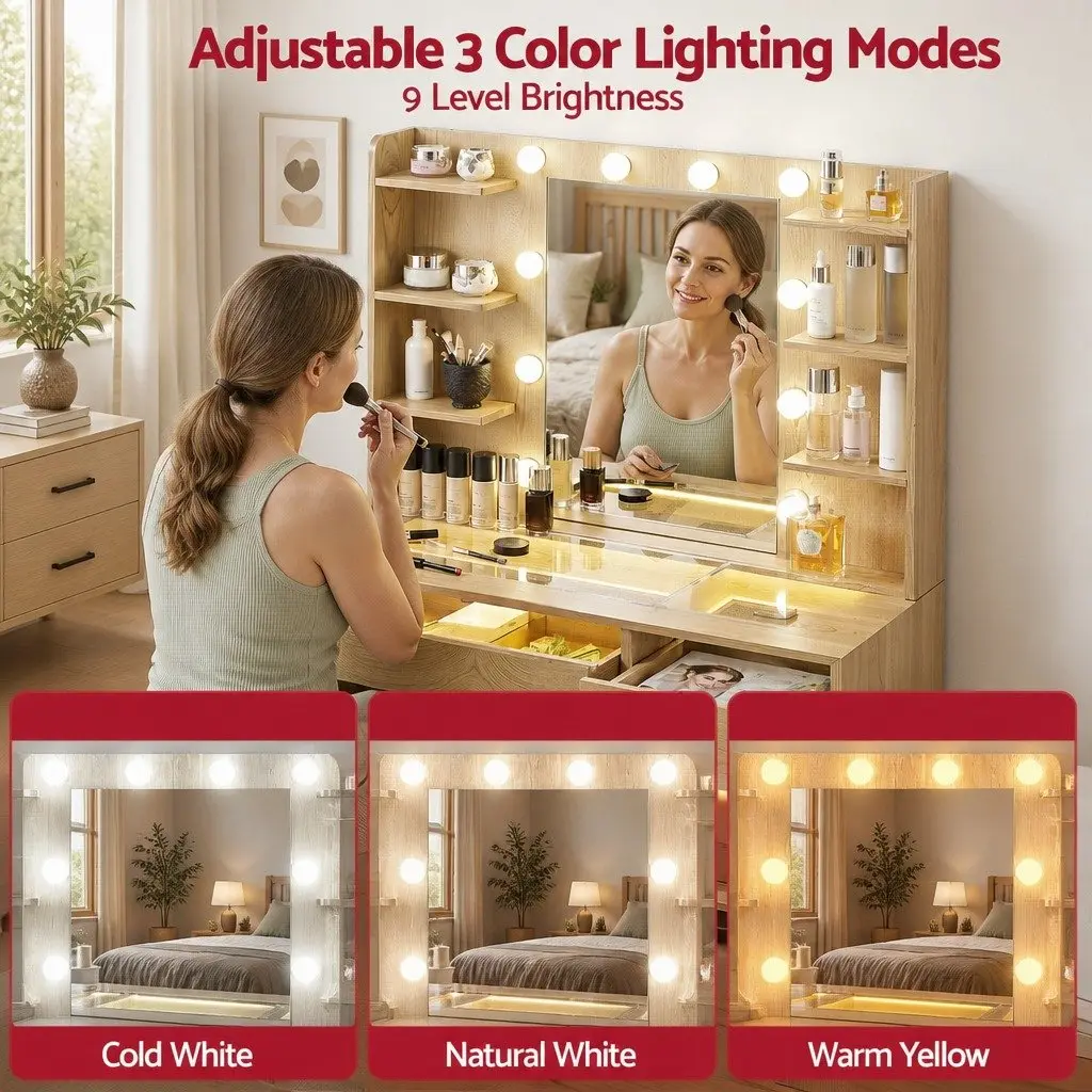 Dressing Table Vanity Desk Wood with Hollywood LED Mirror Adjustable Colour Settings and Makeup Storage Drawers
