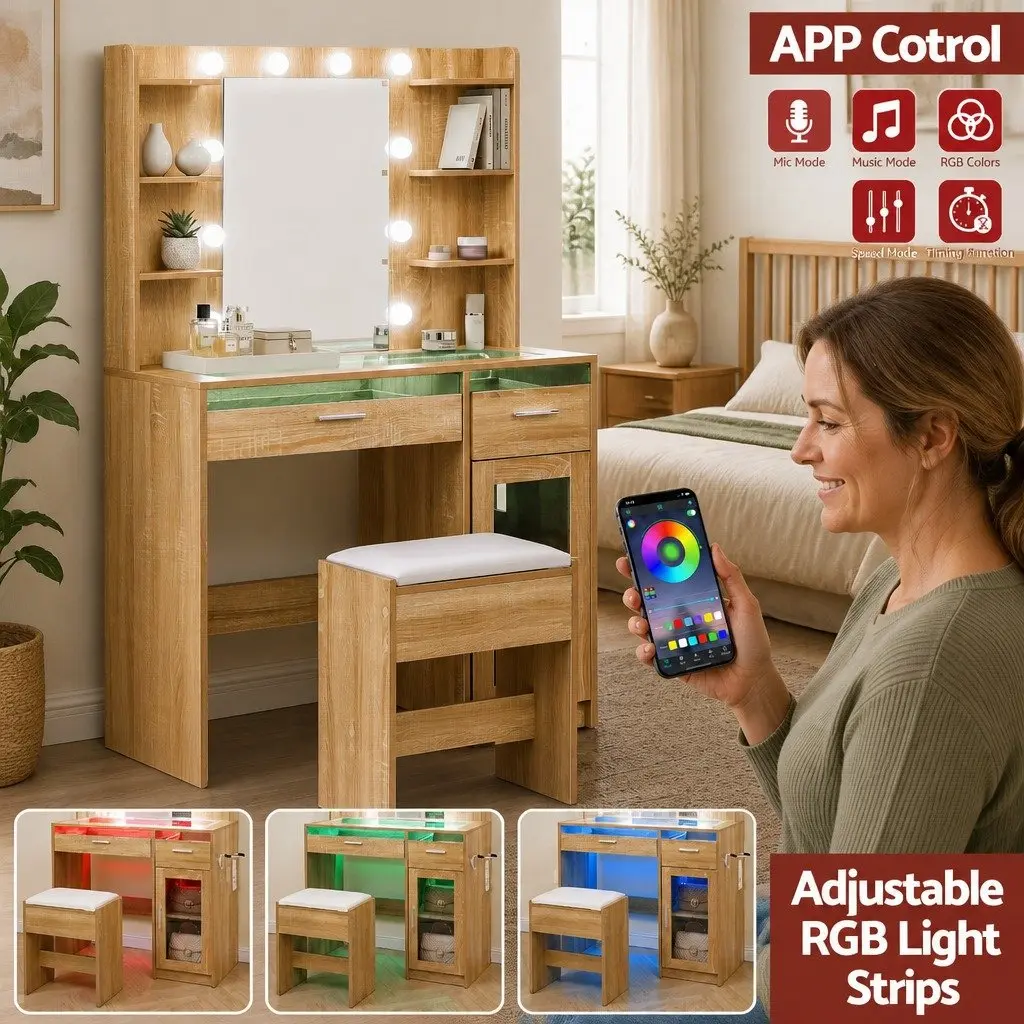 Dressing Table Vanity Desk Wood with Hollywood LED Mirror Adjustable Colour Settings and Makeup Storage Drawers