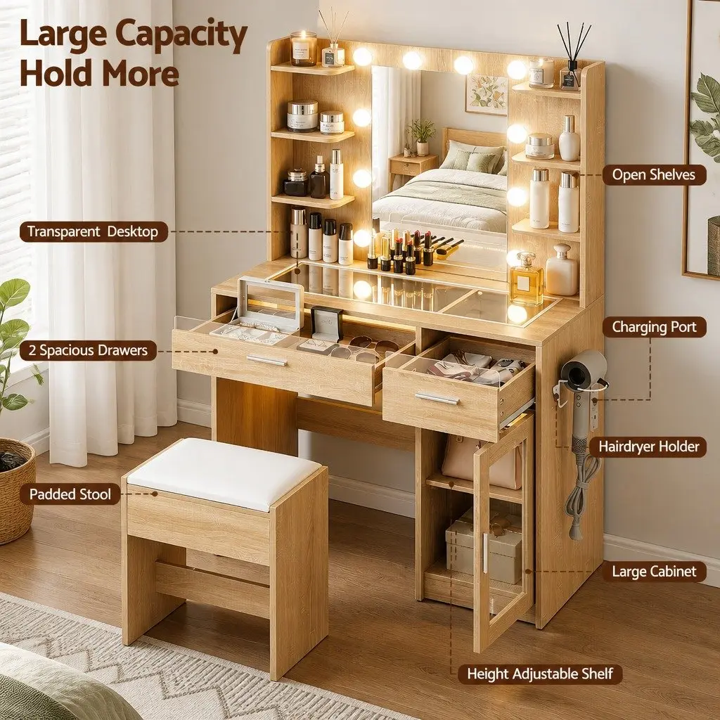Dressing Table Vanity Desk Wood with Hollywood LED Mirror Adjustable Colour Settings and Makeup Storage Drawers