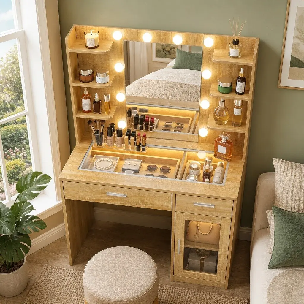 Dressing Table Vanity Desk Wood with Hollywood LED Mirror Adjustable Colour Settings and Makeup Storage Drawers