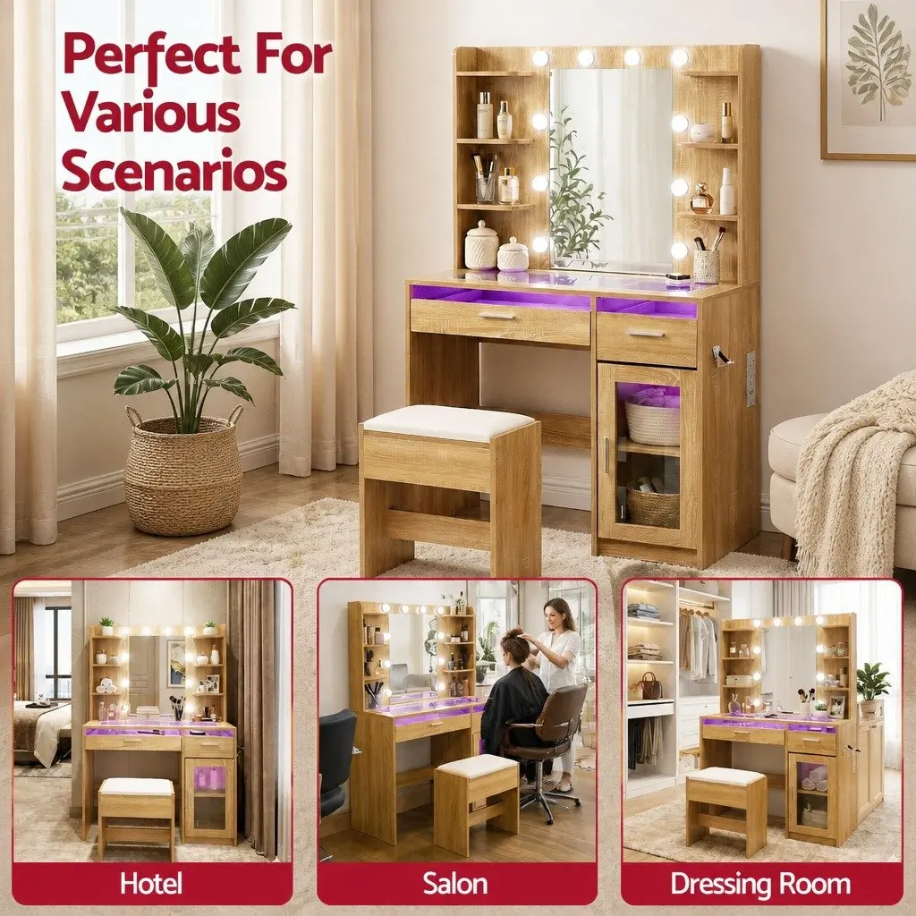 Dressing Table Vanity Desk Wood with Hollywood LED Mirror Adjustable Colour Settings and Makeup Storage Drawers