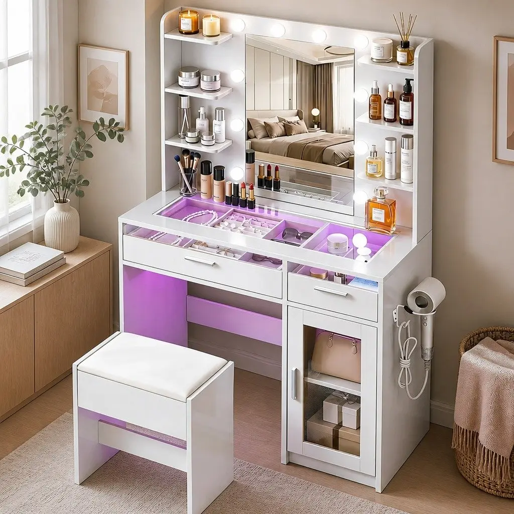 Dressing Vanity Table White with Hollywood Mirror 10 LED Bulbs Adjustable RGB Lighting and Storage Drawers