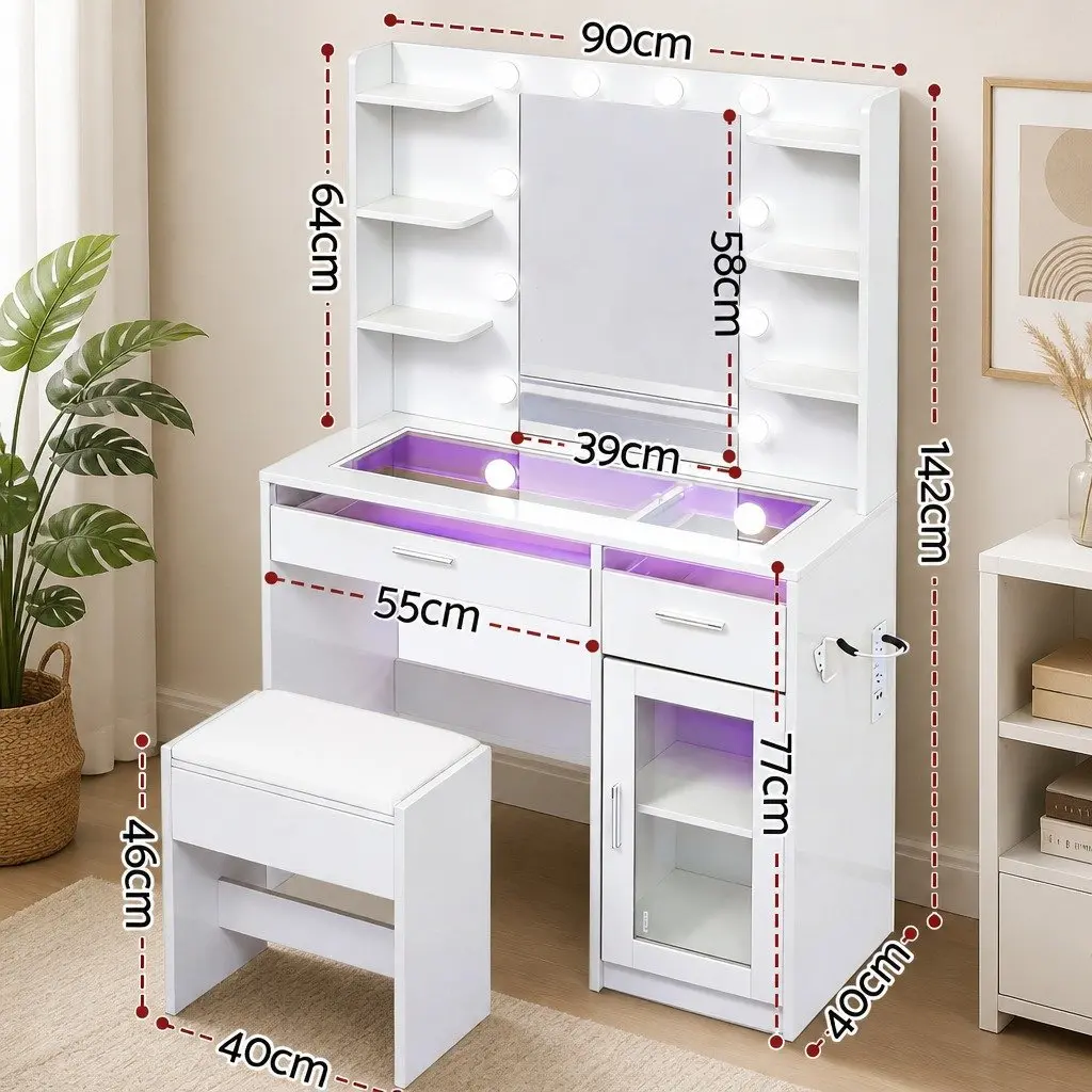 Dressing Vanity Table White with Hollywood Mirror 10 LED Bulbs Adjustable RGB Lighting and Storage Drawers
