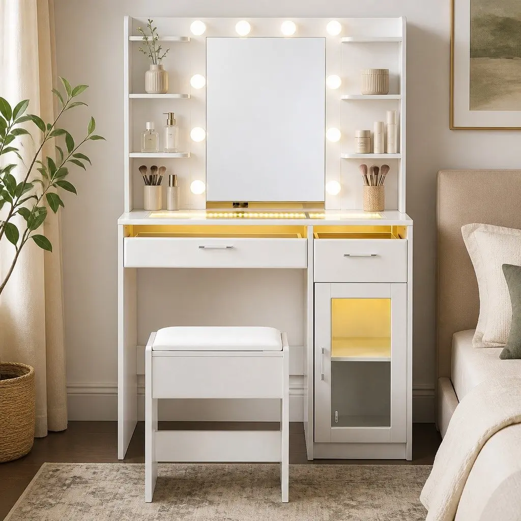 Dressing Vanity Table White with Hollywood Mirror 10 LED Bulbs Adjustable RGB Lighting and Storage Drawers