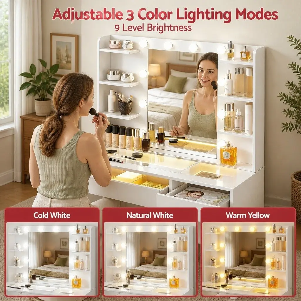 Dressing Vanity Table White with Hollywood Mirror 10 LED Bulbs Adjustable RGB Lighting and Storage Drawers