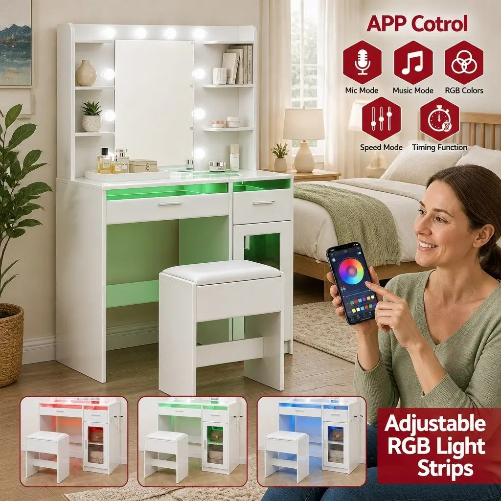 Dressing Vanity Table White with Hollywood Mirror 10 LED Bulbs Adjustable RGB Lighting and Storage Drawers