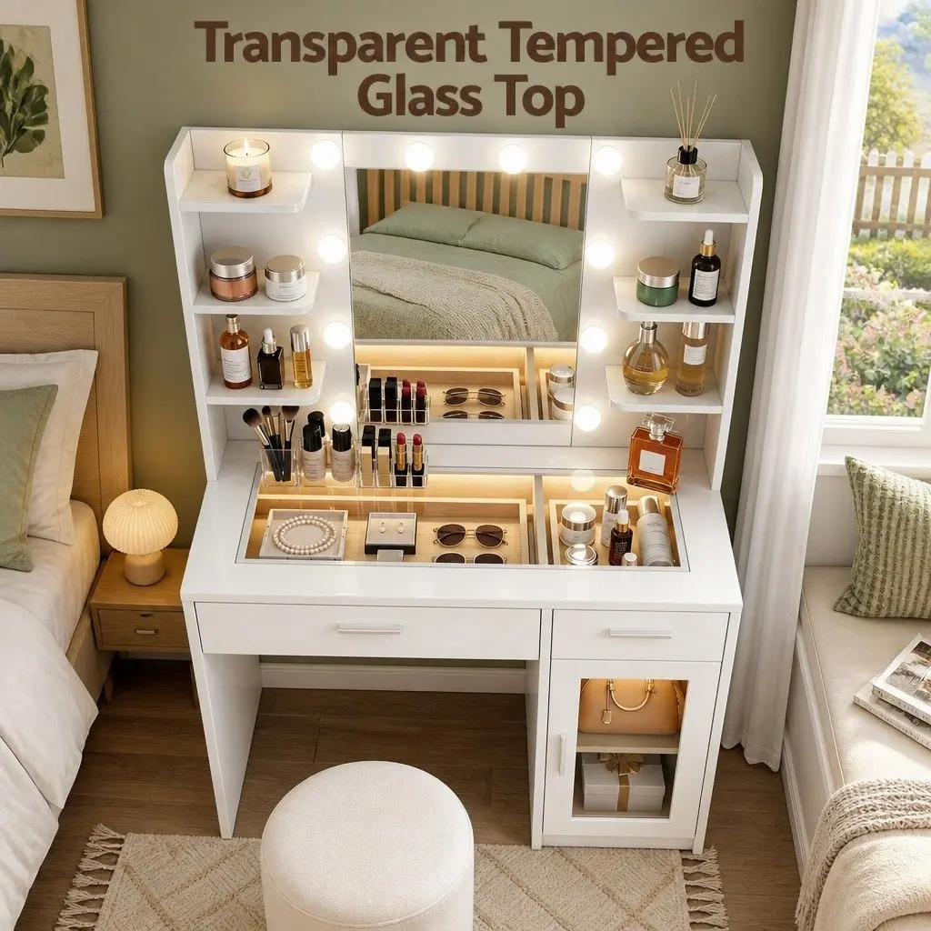 Dressing Vanity Table White with Hollywood Mirror 10 LED Bulbs Adjustable RGB Lighting and Storage Drawers