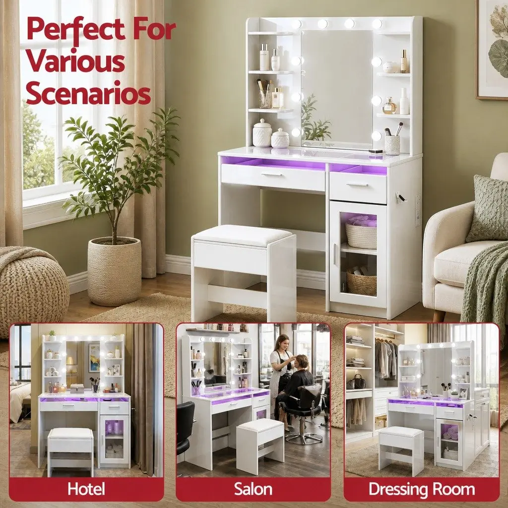 Dressing Vanity Table White with Hollywood Mirror 10 LED Bulbs Adjustable RGB Lighting and Storage Drawers