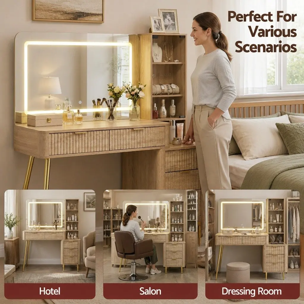 Dressing Table Wood 121cm LED Vanity Desk with Charging Station Makeup Mirror