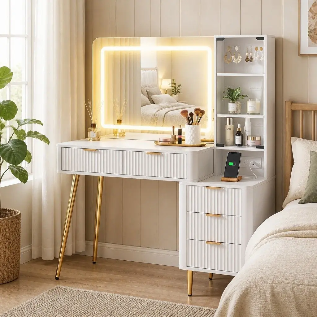 Dressing Table LED Vanity Desk with Charging Station White Hollywood Mirror