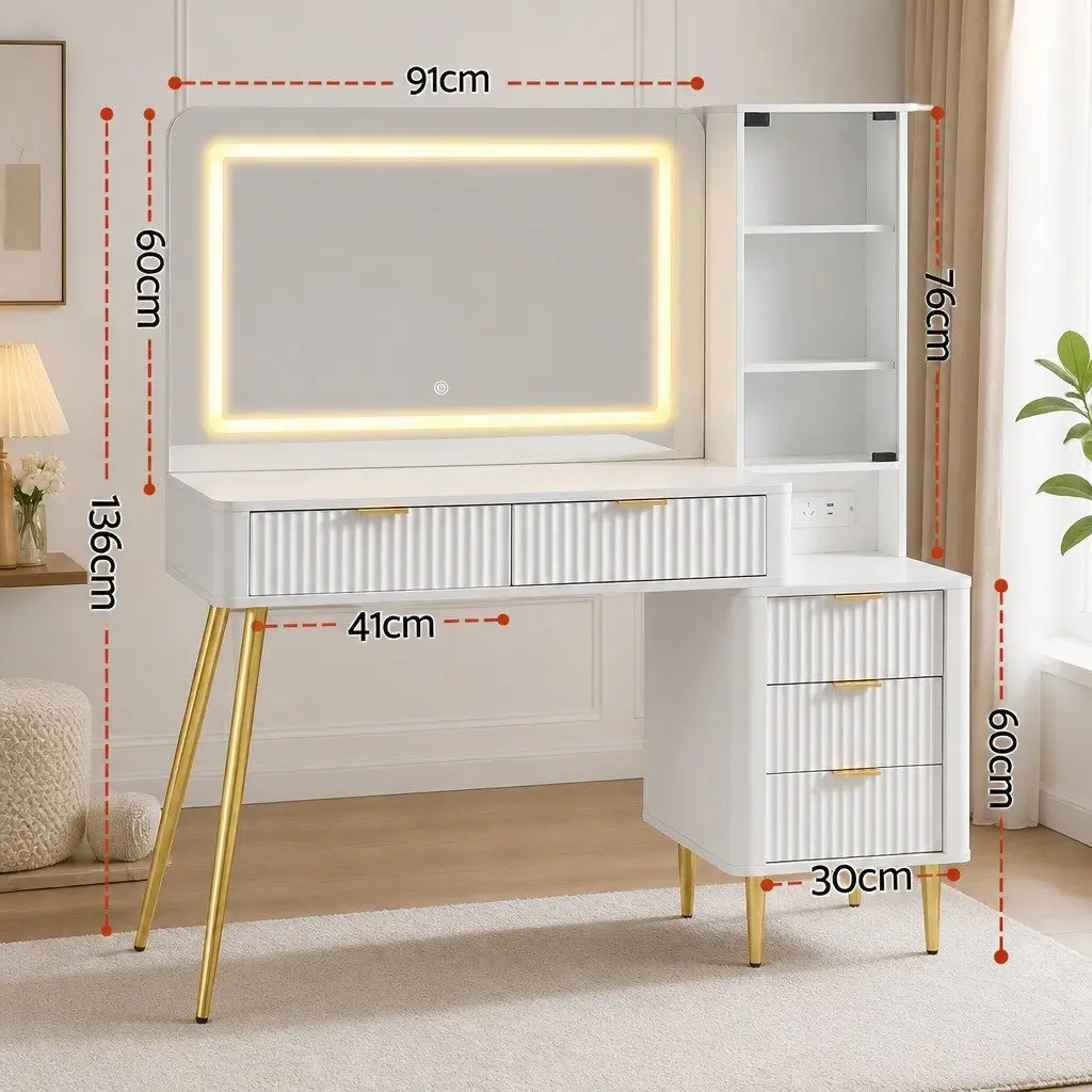 Dressing Table LED Vanity Desk with Charging Station White Hollywood Mirror