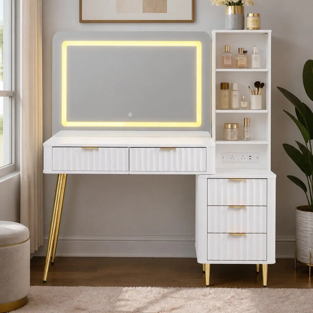 Dressing Table LED Vanity Desk with Charging Station White Hollywood Mirror
