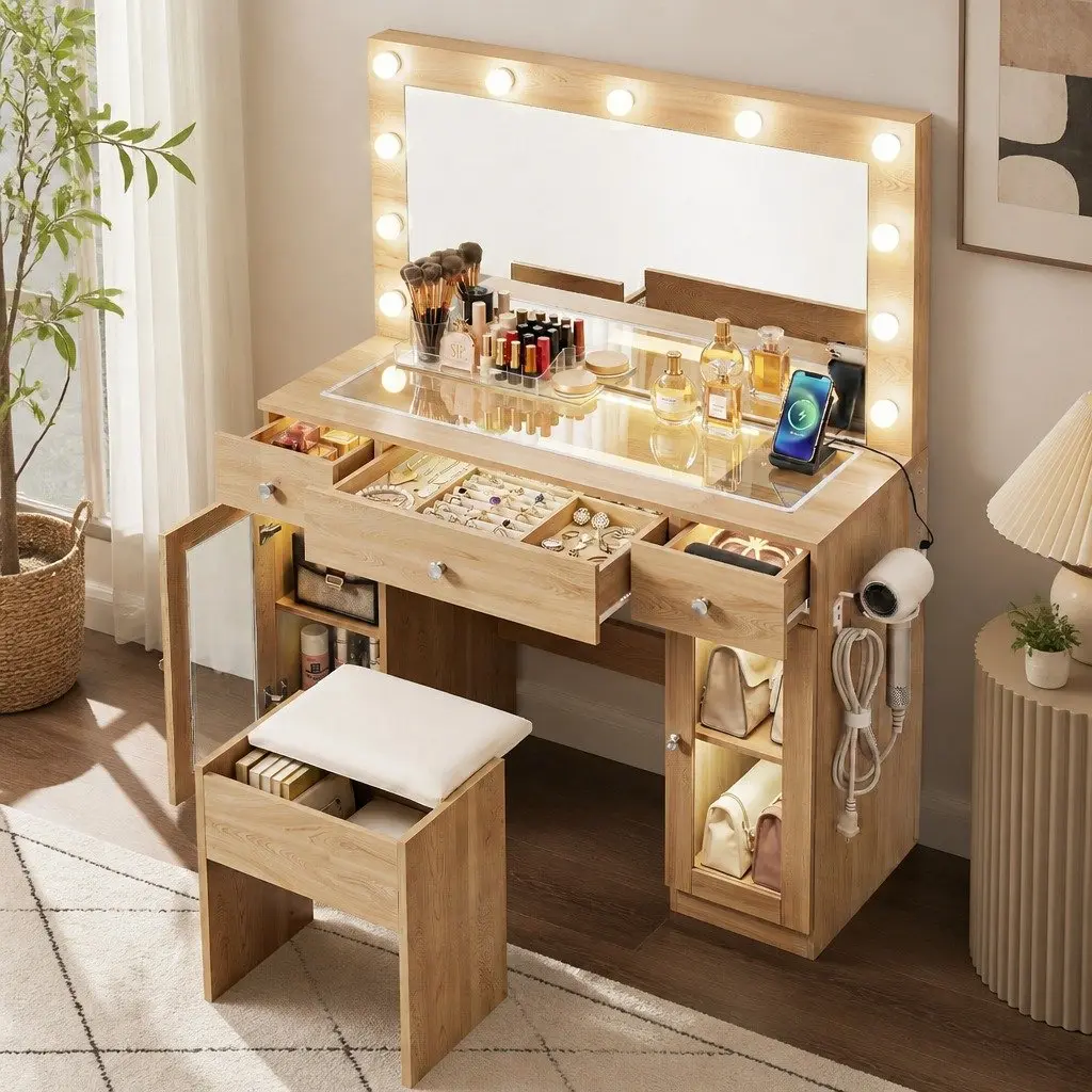 Dressing Table Wood with LED Hollywood Mirror RGB Bulbs 3 Drawers USB Charging Station Foam Padded Stool