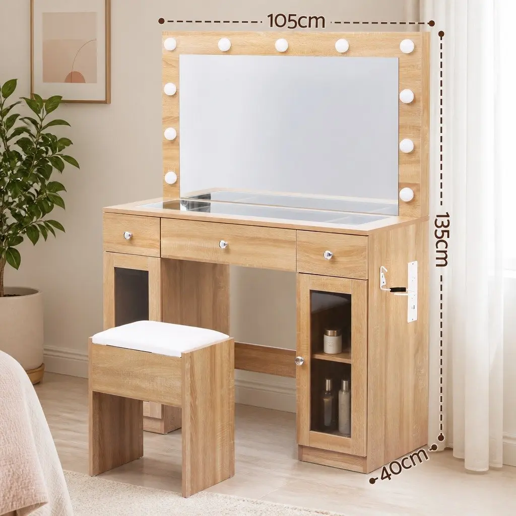 Dressing Table Wood with LED Hollywood Mirror RGB Bulbs 3 Drawers USB Charging Station Foam Padded Stool